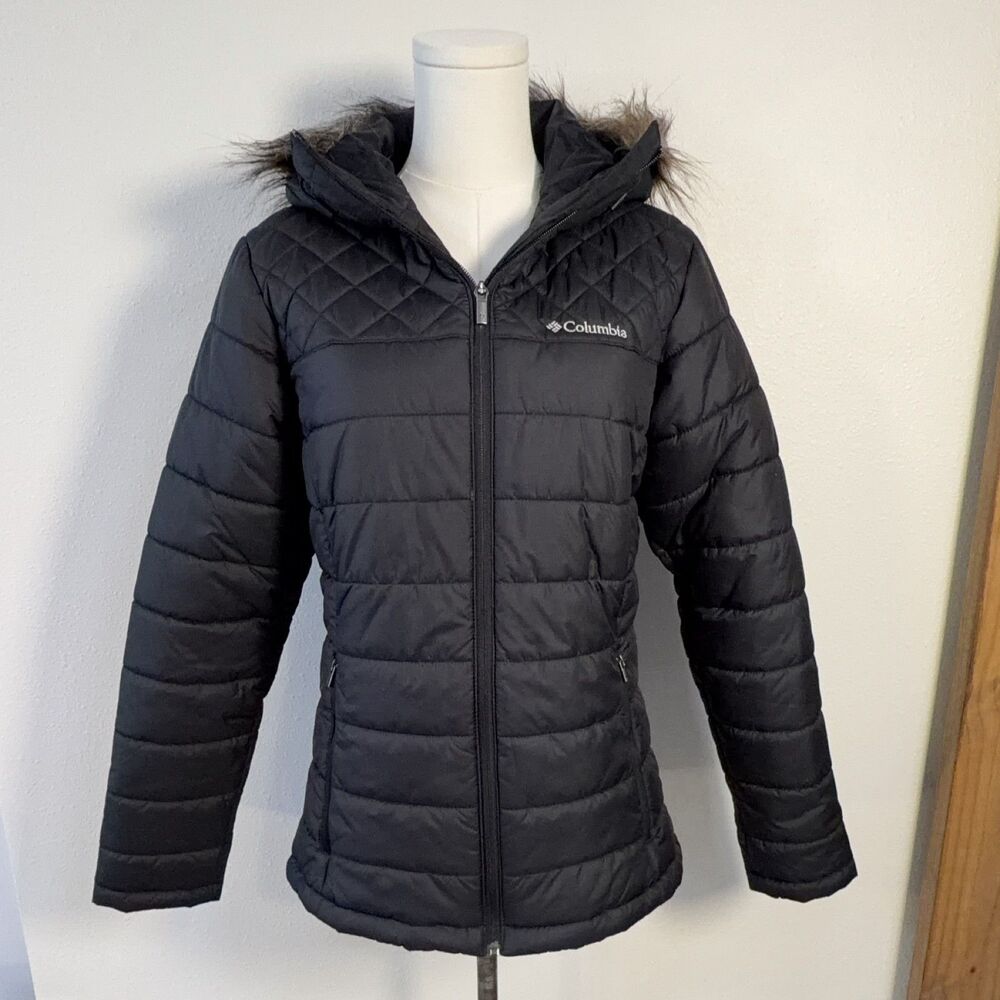 Columbia Puffer Jacket Womens Small Black Hooded Quilted Full Zip Outdoor Hiking